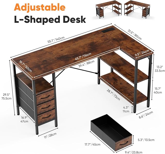 Simple Deluxe L Shaped Gaming Desk with Power Outlets 55 Inch Computer Desk with 3 Drawers Shelves Corner Computer Desk for Gaming Corner Work Home Office Study Rustic Brown