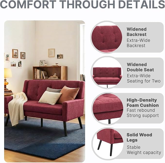 Mid-Century 47 Small Loveseat Sofa Plush Linen Fabric with Button Tufted High Back and Solid Wood Legs for Apartment Living Room Bedroom Home Office (Red 2-Seater)