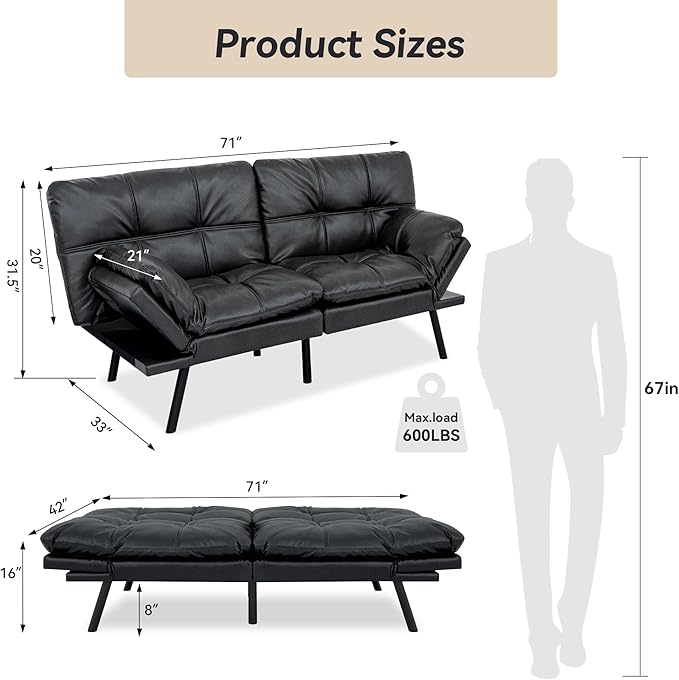 71 Convertible Futon Sofa BedFaux Leather Futon Couch BedMemory Foam Sleeper SofaModern Folding Small Loveseat for Living RoomOfficeApartmentMatte Black