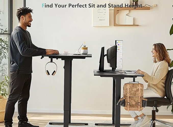 55 x 24 Inch Electric Standing Desk with 4 Wheels Height Adjustable Desk for Home Office Sit Stand Desk with 4 Memory Presets Headphone Hooks and Cable Clips Splice Board Black