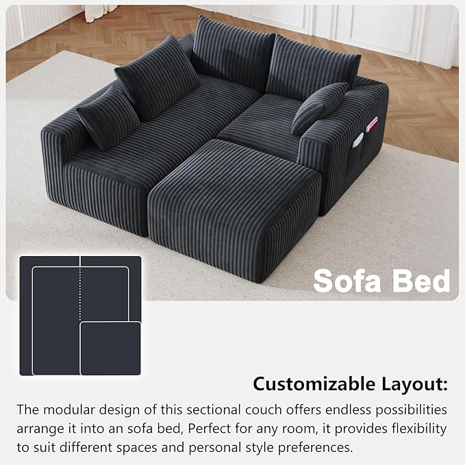 108 Boneless Couch Modular Sectional Couches for Living Room L Shaped Deep Seat Chaise with Side Pockets No Assembly Required Plush Corduroy Fabric Sleeper Sofa for Apartments Dark Grey