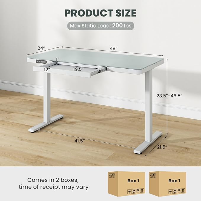 Giantex Glass Standing Desk with Drawer 48 x 24 Height Adjustable Electric Stand Up Desk with Tempered Glass Top 2 Memory Positions &amp USB Type-C Outlets Sit Stand Desk for Home Office White