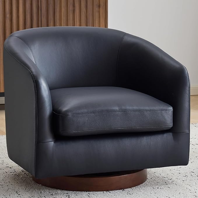 AEDI Genuine Leather Swivel Accent Chair Barrel Chair for Living Room Dark Blue
