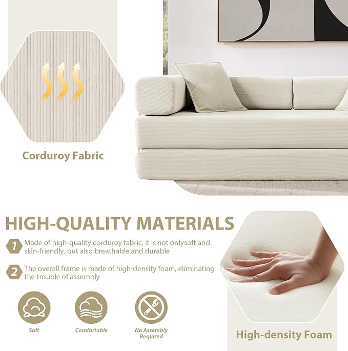 Folding Sofa Bed Convertible Corduroy Fabric Comfy Loveseat Sleeper Bed Modular Foam Compression Sofa Couch Floor Lazy Chaise Lounge for Guest Room Living Room Studio (Beige)
