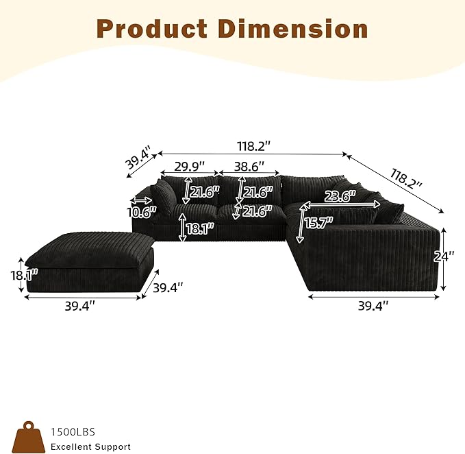 118.2 Modern V Shaped Corner Sofa Comfy Modular Sectional Cloud Couch with Plush Corduroy Fabric Deep Seat Upholstered Sofa Boneless Couches for Living Room No Assembly (Black + Ottoman)