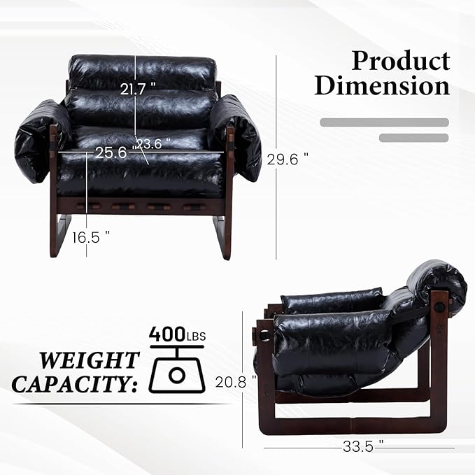 Furnilivng Modern Lounge Accent Chair Comfortable Oil Waxed Leather Arm Chair with Sturdy Wood Frame Upholstered Cozy Sofa Chair for Living Room Bedroom Dressing Room Home Office Black