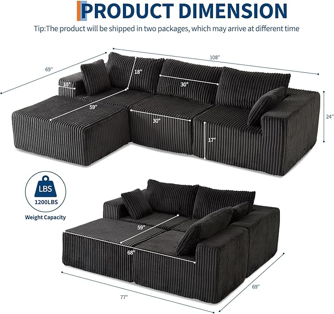 108'' Modular Sectional Sofa Corduroy Sponge Compression Sofa with Deep Seat Comfy Memory Foam Sofa for Living Room Bedroom No Assembly Required Grey