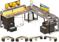 AODK 66 L Shaped Desk 113 Computer Desk with File Cabinet &amp 4 Fabric Drawers Home Office Desk with Monitor Shelf &amp Power Outlet Two Person Desk or Corner Desk Gaming Table with LED Light