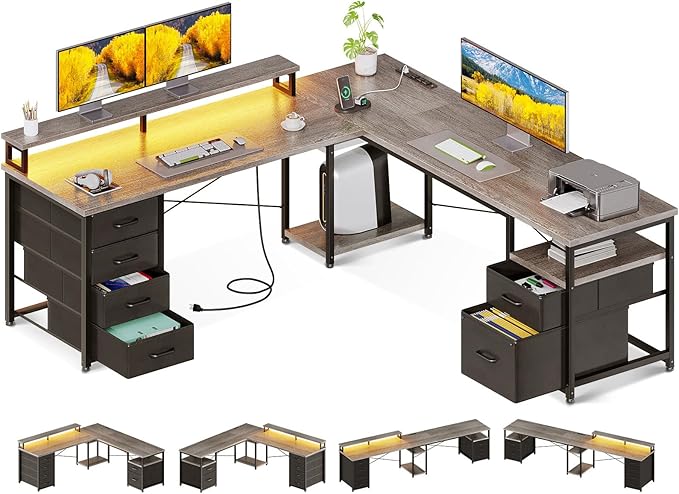 AODK 66 L Shaped Desk 113 Computer Desk with File Cabinet &amp 4 Fabric Drawers Home Office Desk with Monitor Shelf &amp Power Outlet Two Person Desk or Corner Desk Gaming Table with LED Light