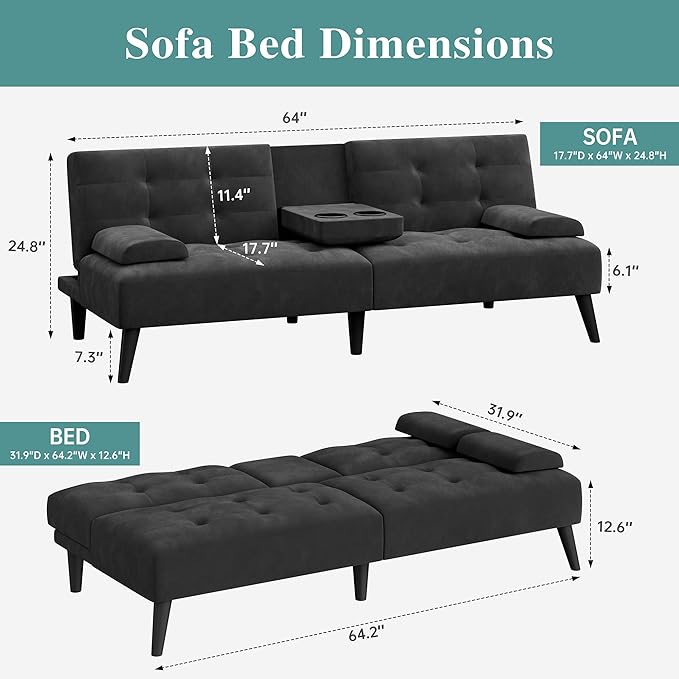 Meilocar 64 Futon Sofa Bed 64 Convertible Loveseat with 2 Cup Holders Small Couch with 3 Adjustable Angles &amp Removable Armrest Modern Sleeper Sofa for Apartment5.3 FT Black