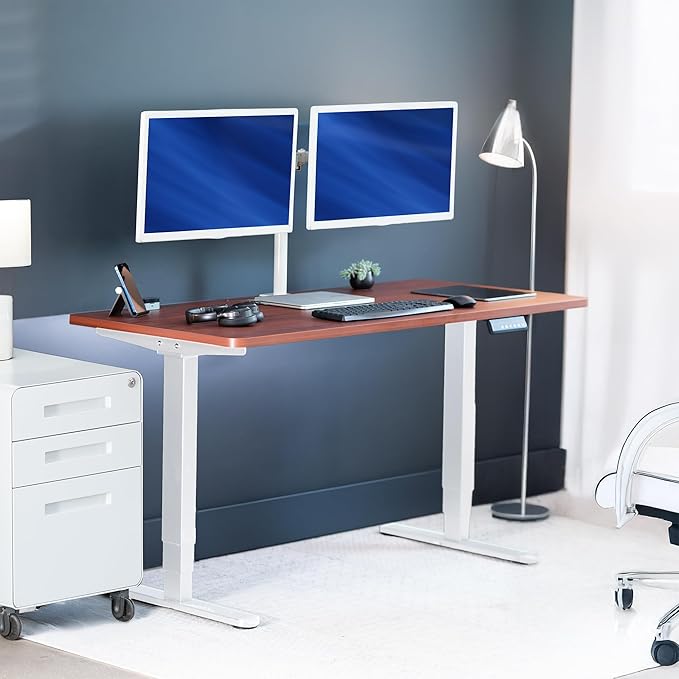 VIVO Electric 55 x 28 in Dual Motor Sit Stand Desk Memory Height Adjustment 2B Series Dark Walnut Top White Frame DESK-KIT-2W55D