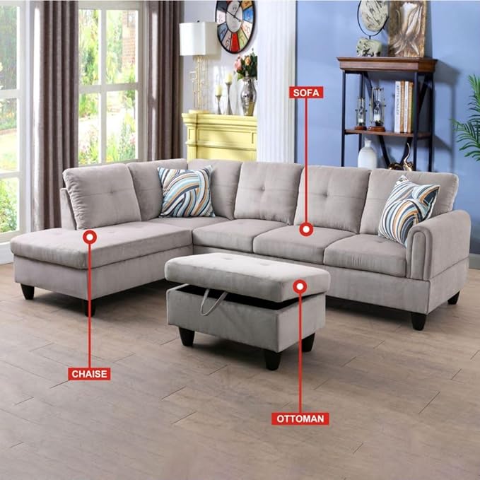 Grey White L-Shaped 3-Piece Corduroy Sofa with Storage Ottoman Set Sectional Couch Sofa Set for Living Room Office Small Space