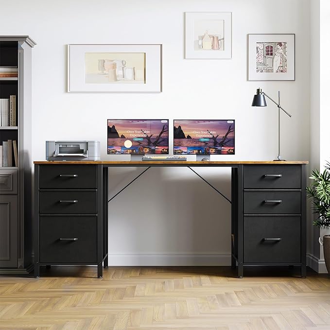 ODK 63 Inch Office Desk with 6 Fabric Drawers Large Computer Desk for Home Office with Hidden Storage Shelves Rustic Brown