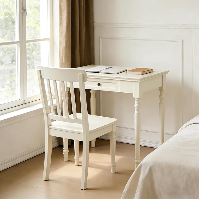 ADORZ 35’’ White Desk with Drawers Solid Wood French Country Desk for Home Office Study Room Bedroom – Ideal for Storage and Organization