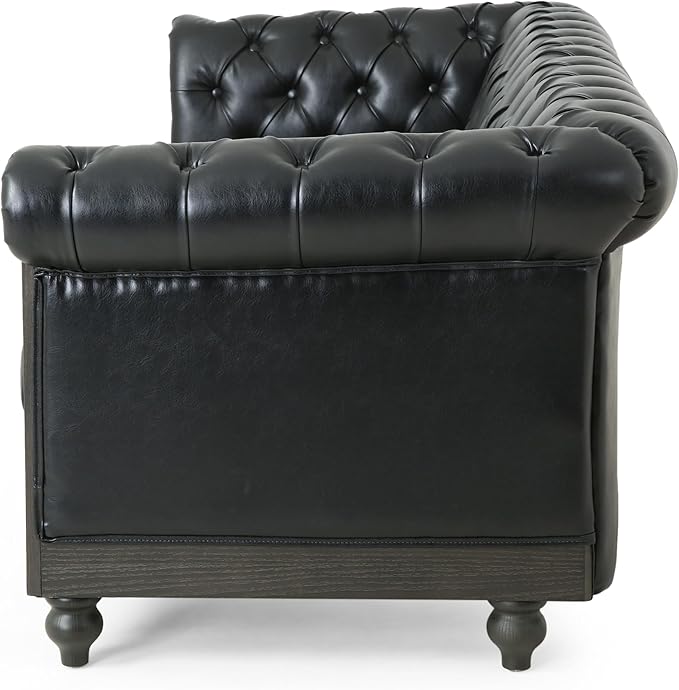 85.5 Upholstered Chesterfield Couch Modern 3 Seater Sofa with Tufted Back and Square Arms Wood Leg Nailhead Sofa for Living Room/Office/Apartment/Small Space Black