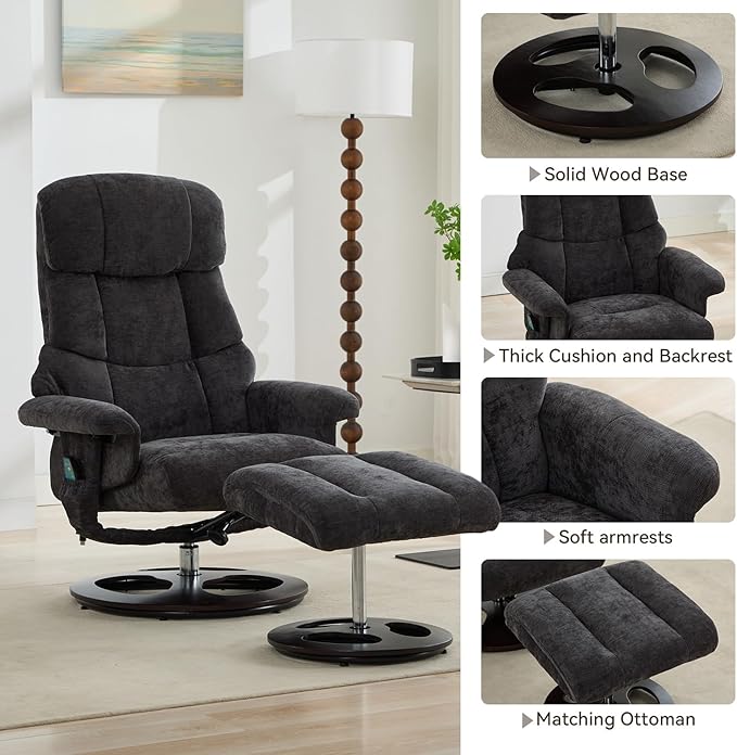Ergonomic Recliner Chair with Ottoman for Adults 360° Swivel Massage Lounge Chair with 5-Point Vibration &amp Heated Seat140° Adjustable Chenille Recliner for Living Room Office (Dark Gray+Chenille
