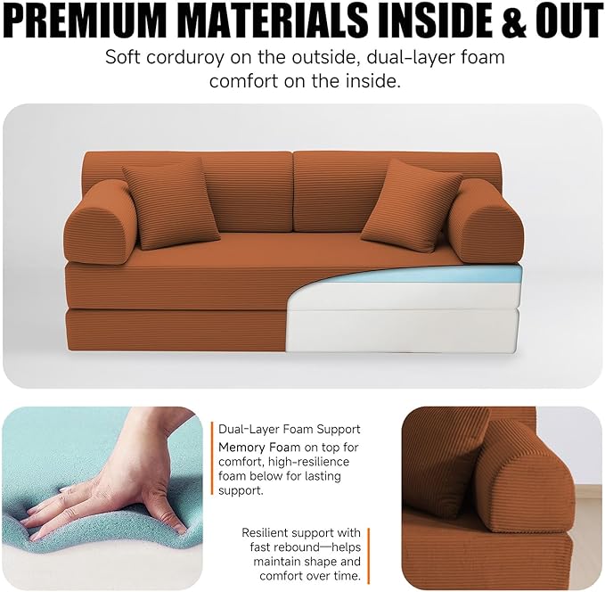 78.8 Boneless Memory Foam Couch Corduroy Convertible Floor Sofa Bed Fold-Out Sleeper Futon Loveseat Wide Armrests &amp Supportive Back 1200 lb Couch in a Box 2 Pillows Orange
