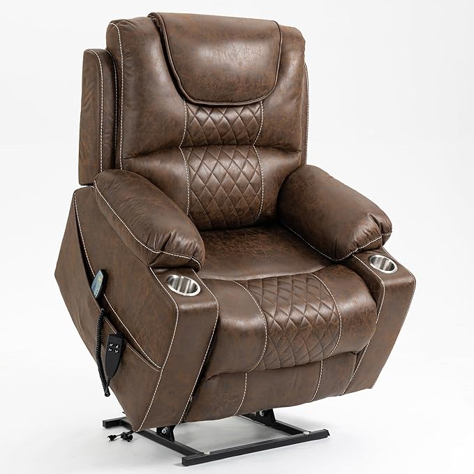 Oversized Power Lift Recliner Chair for Big and Tall 400 LBS Dual Motor Electric Recliner with Heat &amp Massage Zero Gravity Leather Sofa Chair for Living Room Home Theater Coffee Brown