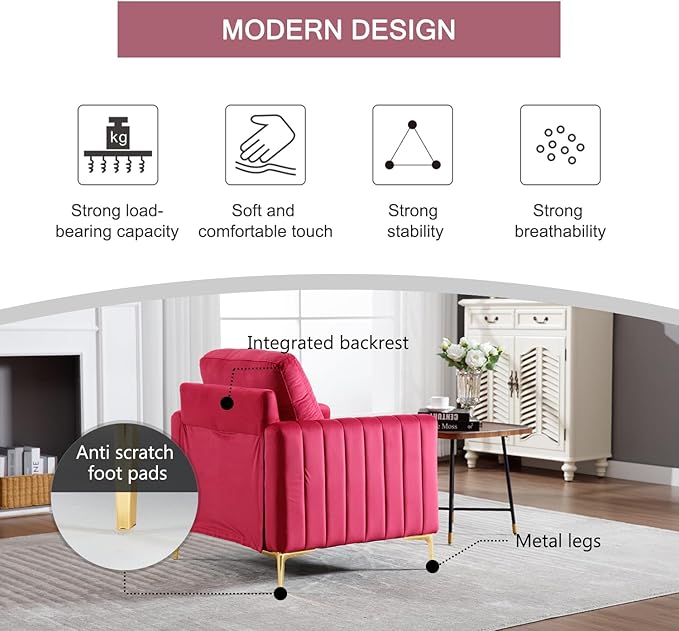 Rose Red Accent Chair Small for Bedroom Living Room Comfy Accent Chair Amchair Modern Single VelvetSofa Chair with Metal Legs