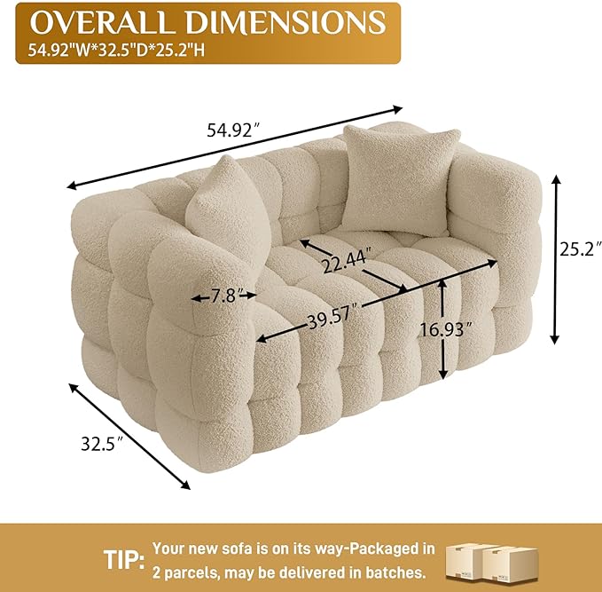Boucle Sofa Couch 55 Comfy Upholstered Sherpa Loveseat Tufted Cozy 2-Seater Deep Seat Cloud Couch Modern Small Love Seat with 2 Pillows for Living Room Apartment Bedroom Light Brown