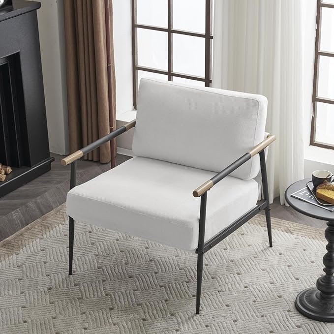 MIRASON Accent Arm Chair for Living Room Mid Century Modern Accent Reading Side Chair Upholstered Lounge Chair with Comfy Cushion and Metal Frame for Bedroom Office (Beige)