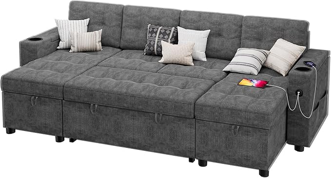 IDEALHOUSE U-Shaped Couches for Living Room Sofa Bed for Living Room with Reversible Storage Chaises and Hidden Storage Armrests Cup Holders and USB Charging Ports Included Dark Grey