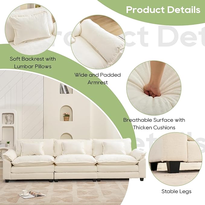 120 Modular Sectional Sofa Comfy Cloud Couch Sectional Sofa Chenille Sofa Sleeper Deep Seat Sofa with Throw Pillows for Living Room (Beige White 120- 3 Seater)