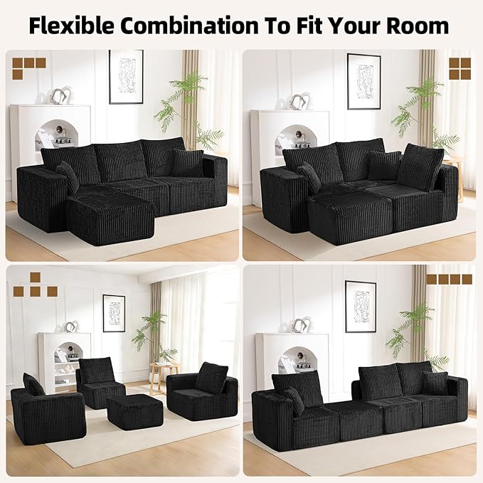98 Modular Sectional Sofa L-Shaped 3 Seater Boneless Couch with Ottoman Modern Cloud Sectional Couch Deep Seat Sofa for Living Room Bedroom Apartment No Assembly Required Black