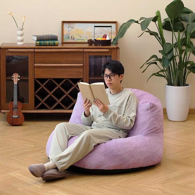 N&ampV Large Crescent Bean Bag Chair Adult Size Bean Bag Sack Foam Filling Soft Premium Corduroy Bean Bag for Living Room Bedroom Dorm and Office (Lavender)
