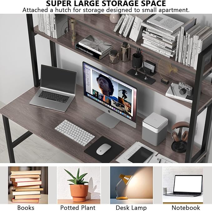 Aquzee Desk with Hutch Bookshelves Computer Desk with 3 Tiers Storage Shelves Space Saving Design Black Metal Legs Desk with Grey Board Easy Assemble