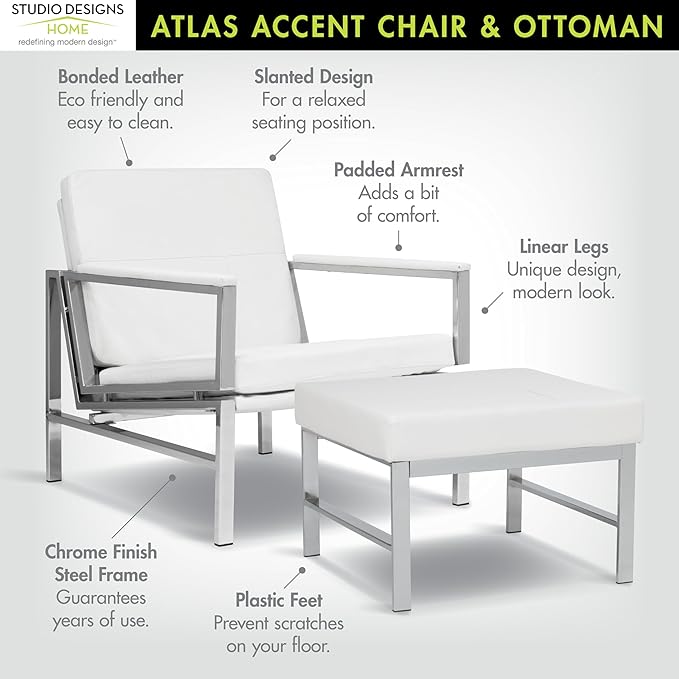 Atlas Bonded Leather Accent Chair with Ottoman Set Mid-Century Modern Lounge Chair &amp Footrest with Chrome Legs for Living Room or Office Guest Seating Chrome/White