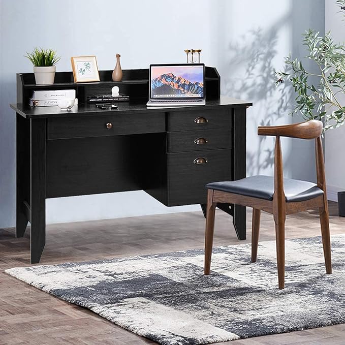 GRAFFY Wooden Computer Desk 4 Storage Drawers &amp Bookshelf Executive Study Desk Table Writing Study Desk Home Office Vintage Desk (Black)