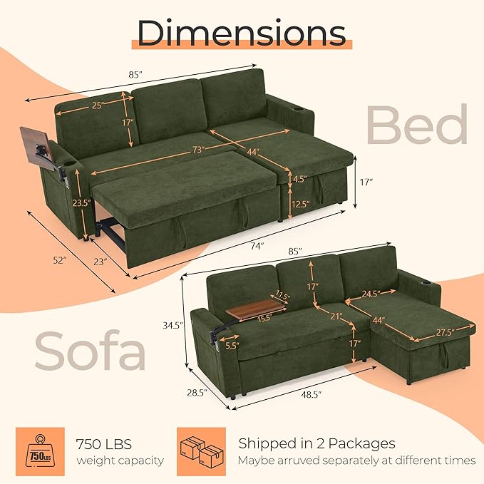 LED Sectional Sleeper Sofa with Pull Out Bed Convertible L Shaped Sofa with Storage Chaise Lounge Retractable Table USB Cup Holders Comfy 3-Seater Sleeper Couch for Living Room (Green)