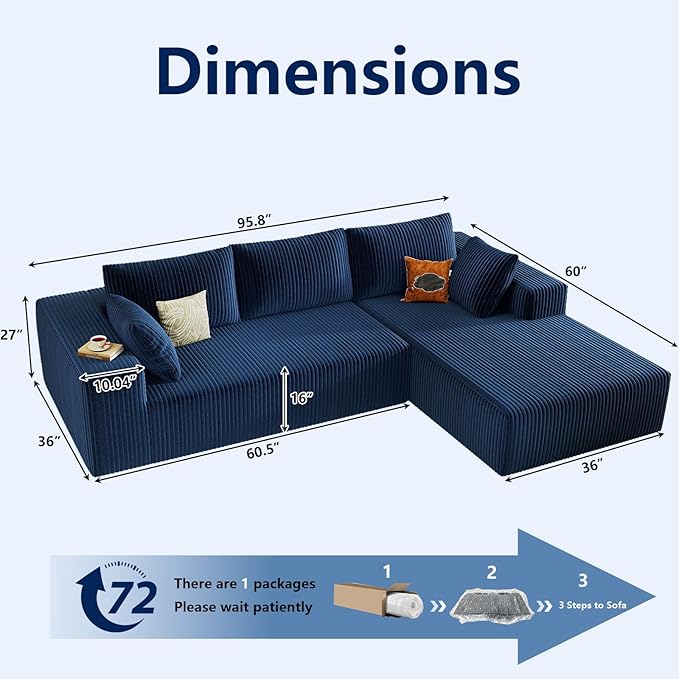 Modular Sectional Sofa Cloud Sectional Couch96 Comfy Fluffy L-Shaped Couches for Living RoomDeep Seat Memory Foam Plush Corduroy Boneless Couch Sectionals No Assembly (BlueRight-Facing Chaise)