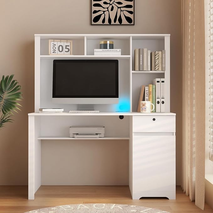 Hassyee Computer Desk with Hutch and Bookshelf Wood Writing Executive Desk with Drawers for Teens Student Home Office Desk with 3 AC Outlets and 2 USB Charging Ports (White)
