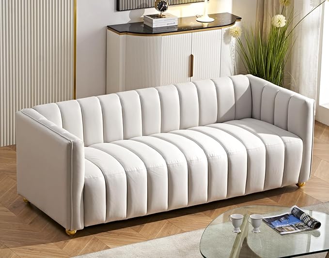 Direct Glam Fabric Upholstered Solid Wood Frame 82.7 Art Deco Sofa for Living Room Office Sophisticated 3 Seater Couch Ivory