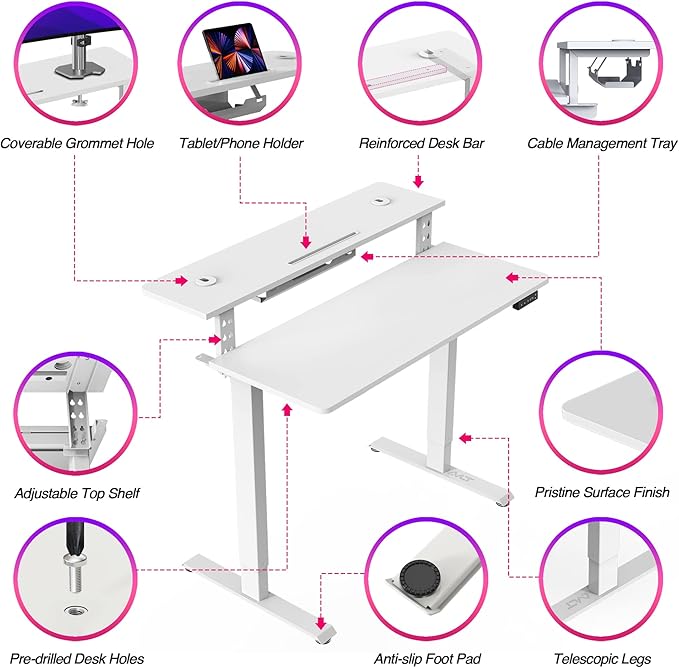 AVLT 47″ Electric Standing Desk with Dual-Tier Shelf &amp Tablet Holder – Height Adjustable Sit-Stand Desk for Home Office Motorized Frame Supports 176 lbs (80kg) Includes Tabletops – White