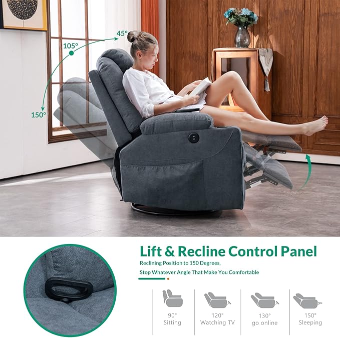 VIVIJASON Manual Massage Rocker Recliner Chair 360° Swivel Glider Lounge Chair with Heat Ergonomic Home Theater Recliner Sofa with 2 Cup Holders Side Pockets &amp USB Ports for Living Room Bluish