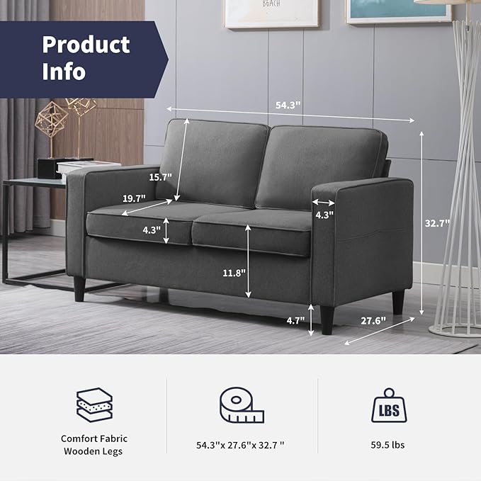 54.7 Loveseat Sofa for Small Spaces 2 Seat Modern Fabric Love Seat Mini Couch With Armrest Pockets Living Room Furniture Dark Grey
