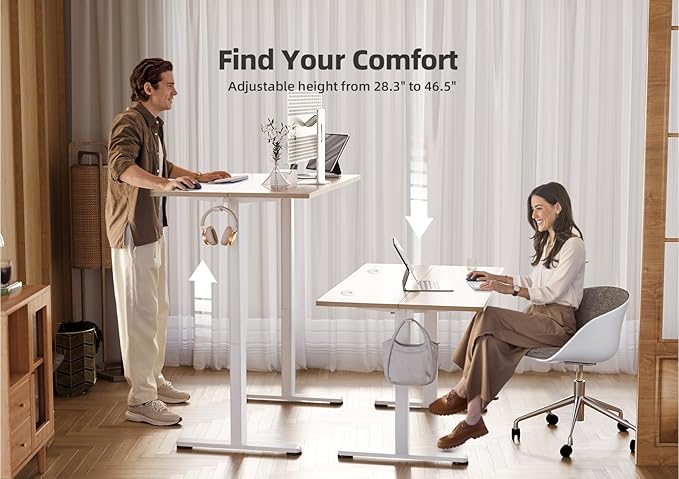 YDN Electric Standing Desk Adjustable Height 40 x 24 Inches Stand up Desk with Cable Management Home Office Desks with Splice Board &amp White Frame Nature Top