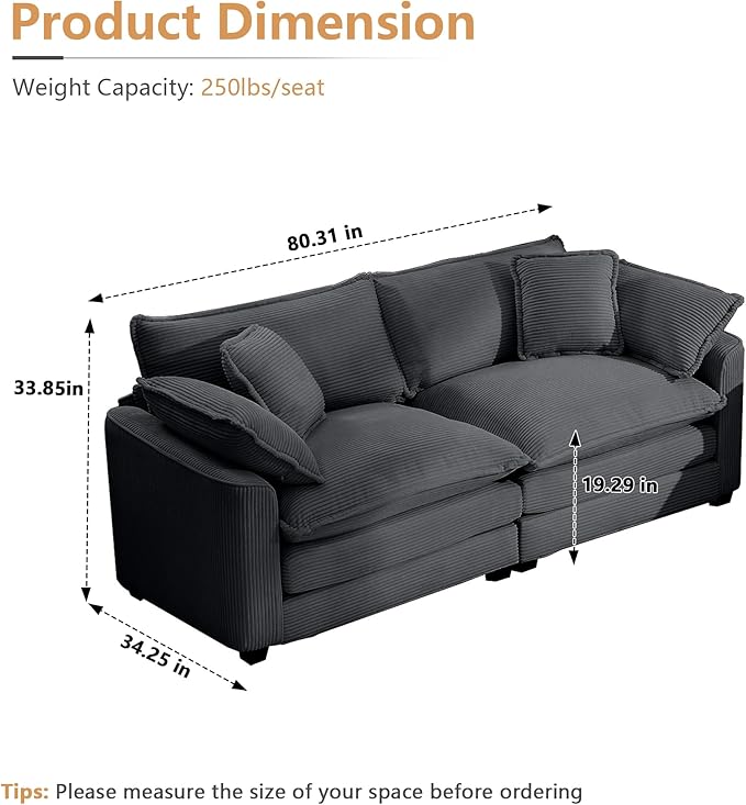 Oversized Modular Sectional Sofa 80'' Modern Corduroy Comfy Cloud Couches for Living Room Apartment Deep Seat Loveseat Sofa with 2 Armrest Pillows and 2 Toss Pillows Grey