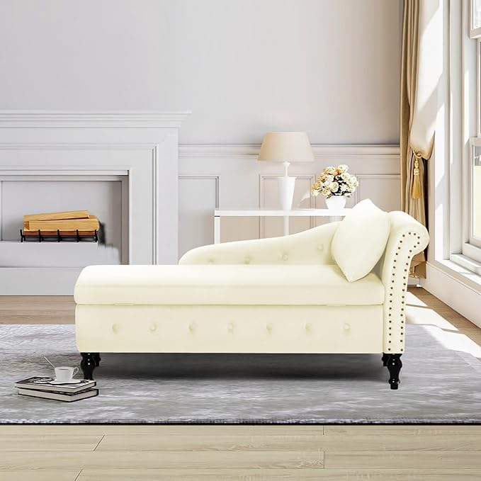 Upholstered Chaise Lounge with Right Armrest &amp Lumbar PillowButton Tufted Lounge Sofa with StorageLounge Chair IndoorModern Velvet Lounge Chair for Bedroom Living Room and OfficeBeige