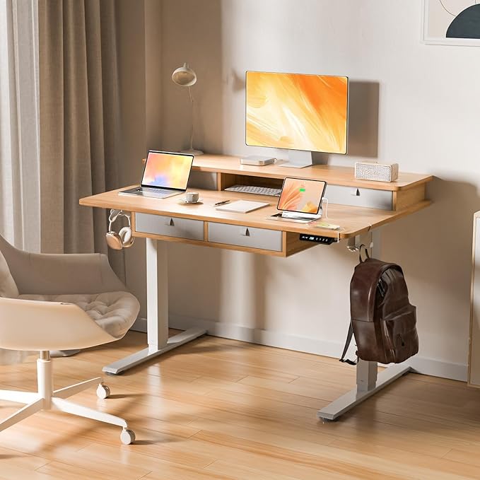 Electric Standing Desk 48 * 30 Inches Adjustable Height with 4 Drawers Double Storage Shelves Home Office Workstation Sit Stand up Desk (Nature)