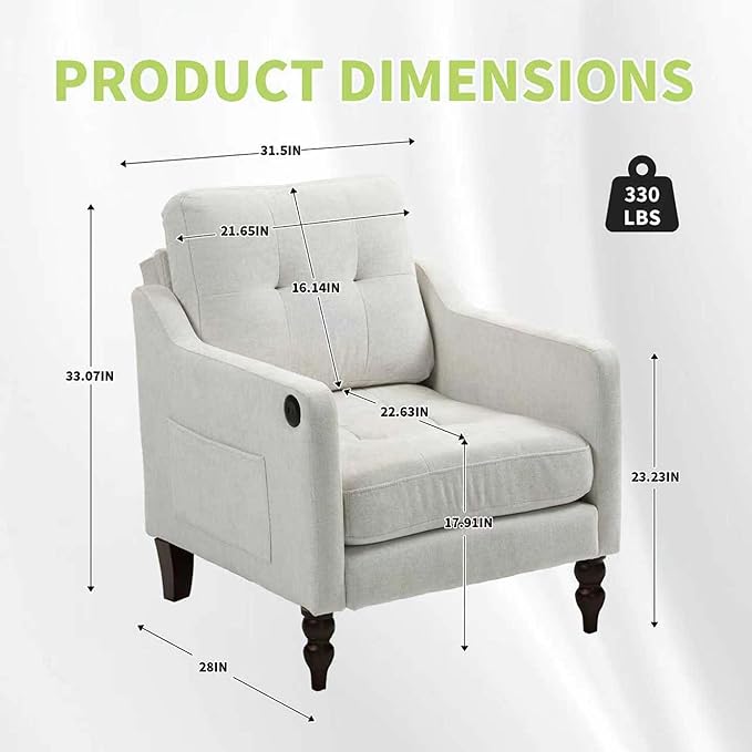 Small Accent Chair Comfy Reading Chairs for Adults with Side Storage Ergonomic Armchair with Wide Backrest Room Chairs with USB Charging Port Living Room Apartment Bedroom (Beige)