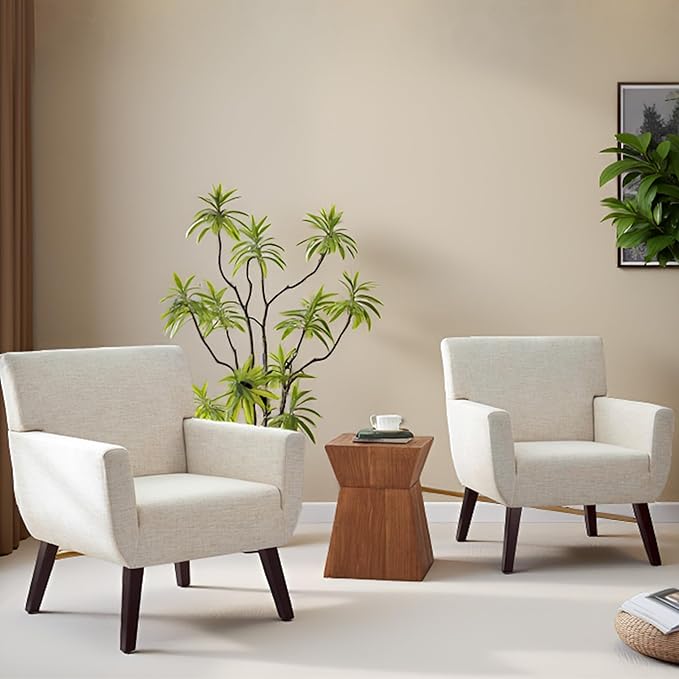 Upholstered Accent ChairMid Century Modern Office Fabric Small Living Room Chair with ArmComfy Wingback Armchair for Bedroom Reading (Beige 2 PC)