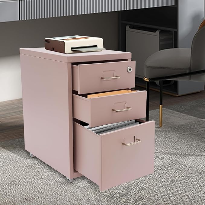 3 Shelf Metal File Cabinet Vertical File Cabinet Pink File Cabinet Freestanding File Storage Cabinet with Wheels for Office Study Bedroom