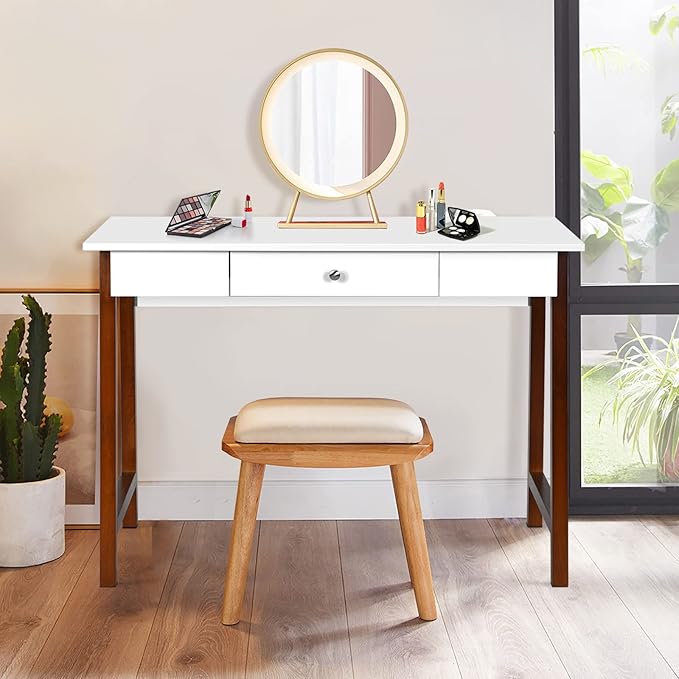 COSTWAY 42 Computer Desk with Storage Drawer Modern Home Office Writing Study Table with Solid Rubber Wood Legs &amp Non-Slip Foot Pads Multifunctional Makeup Vanity Dressing Table (Coffee and Whi