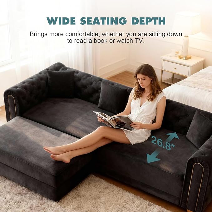 Polibi 90.6 3-in-1 Convertible Sleeper Sofa Bed Velvet Tufted Modern 3-Seater Couch with Movable Ottoman &amp Gold Trim King Size Sleeper for Living Room Apartment Black