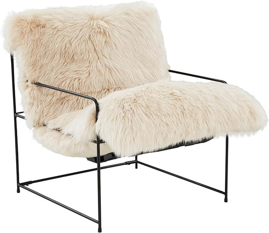 First of a Kind Cozy Natural Genuine Sheepskin Accent Chair - Bedroom Chair with Modern Iron Frame - 440 lbs Capacity Sumptuous Upholstery - Fully Assembled 27 W x 33 D x 35 H