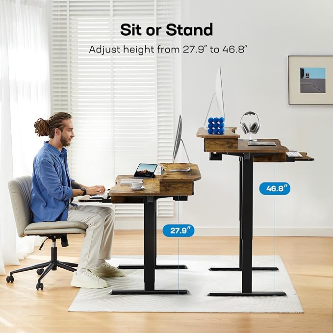 HUANUO 48 x 26 Electric Standing Desk with 2 Drawers &amp 26.7 Large Keyboard Tray C-Clamp Mount Compatible Adjustable Computer Desk for Home Office Stand Up Desk with 4 Height Presets Vintage